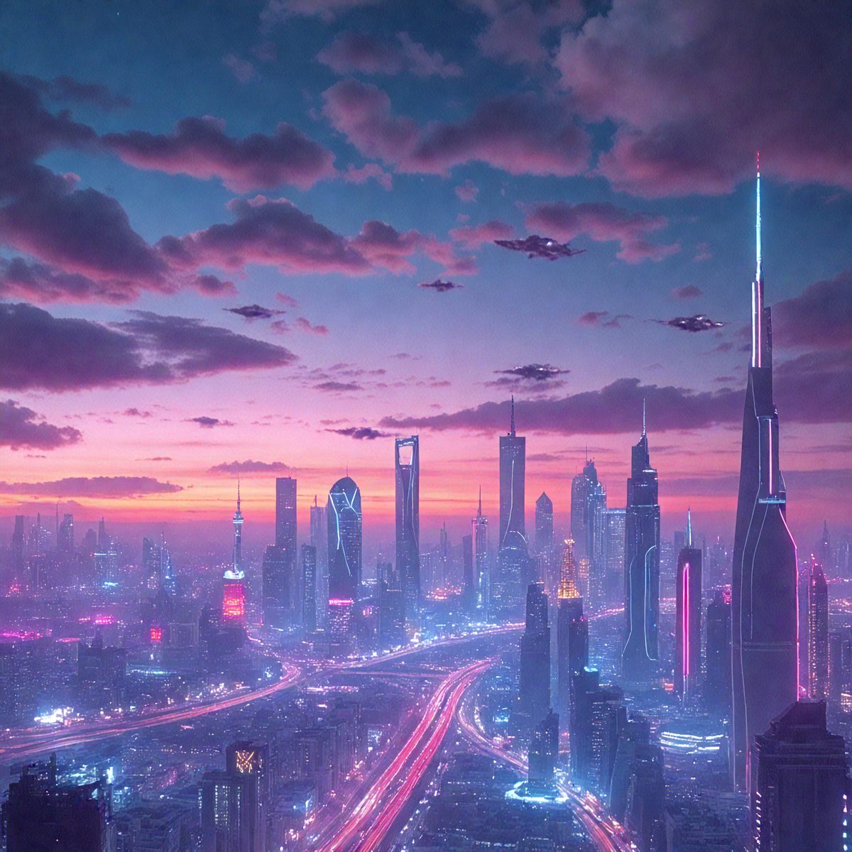 The primary subject of the image is a futuristic cityscape with a large number of skyscrapers and a highway. The setting is a nighttime cityscape with a purple sky, giving the scene a unique and atmospheric appearance. The visual style is a combination of photo and digital art, creating a blend of realism and artistic expression. The colors and mood of the image are predominantly purple and blue, with a sense of mystery and intrigue.